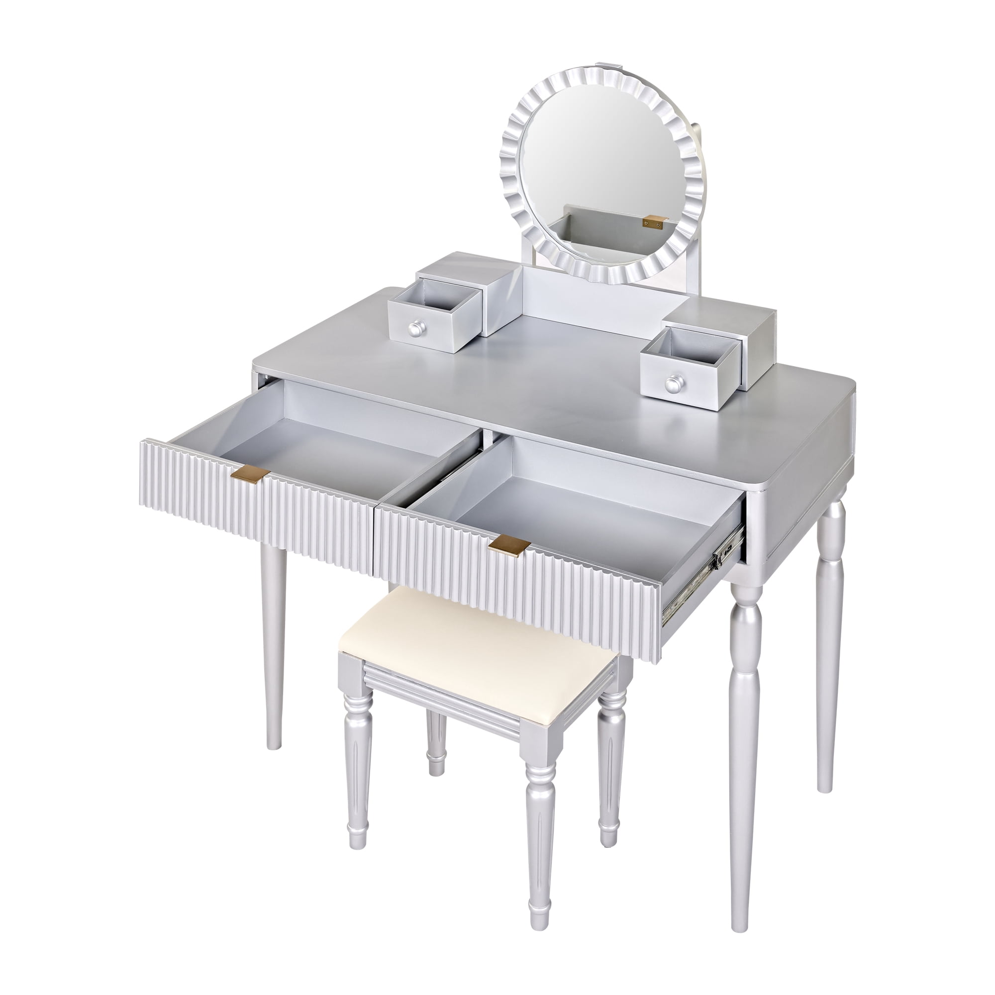 Homy Casa Makeup Vanity Table with Round Mirror, 4 Drawers & Stool, Silver
