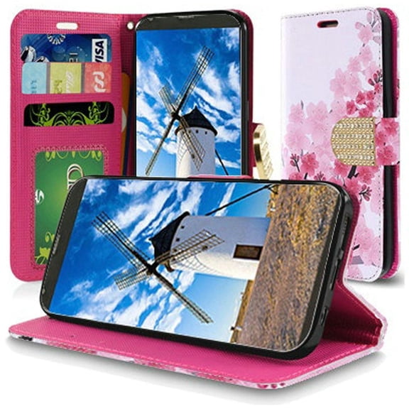 GSA Premium Design Wallet Credit Card Stand Flip Case For LG Stylo 4 (Cherry Blossom)