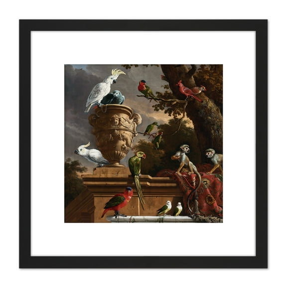 Hondecoeter Menagerie Exotic Birds Parrots Painting 8X8 Inch Square Wooden Framed Wall Art Print Picture with Mount