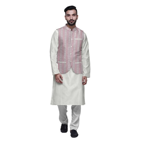 

Atasi Kurta Solid Churidar Pajama & Printed Nehru Jacket Set For Mens Party Wear