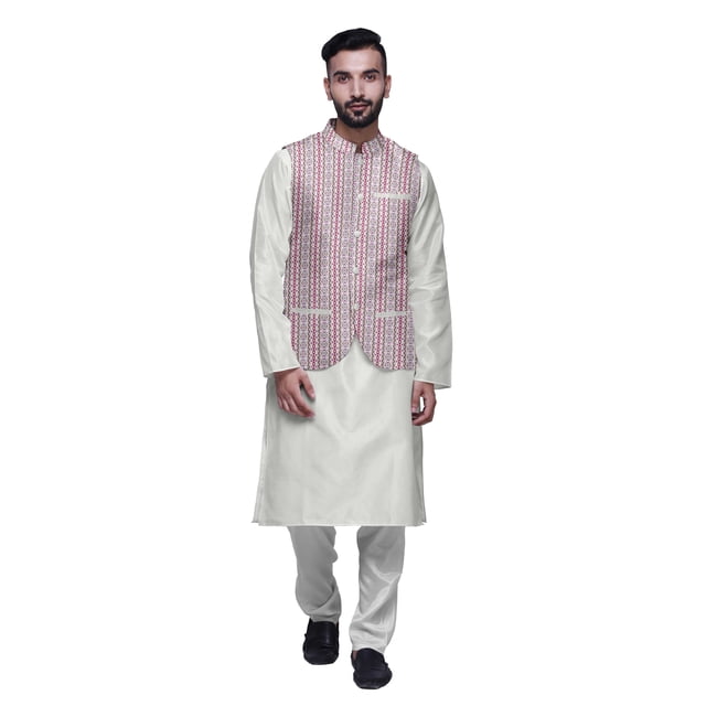 Atasi Mandarin Collar Traditional Solid Kurta Pajama With Printed Jacket Set