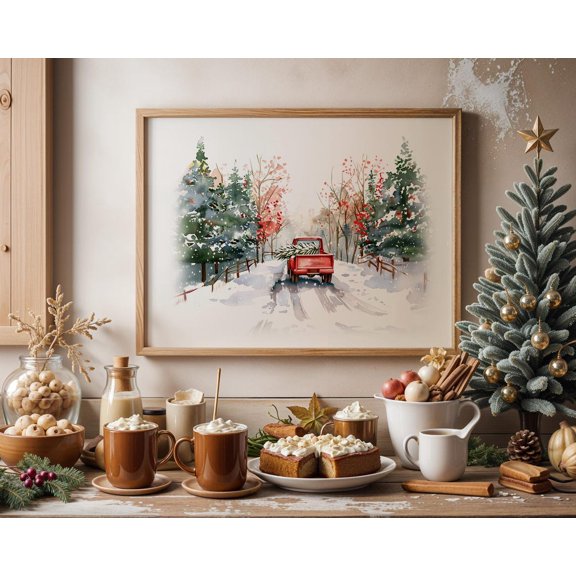 Red Truck Print Vintage Winter Landscape Poster Decor, Unframed Poster Size 24x36 F03.1.22l570