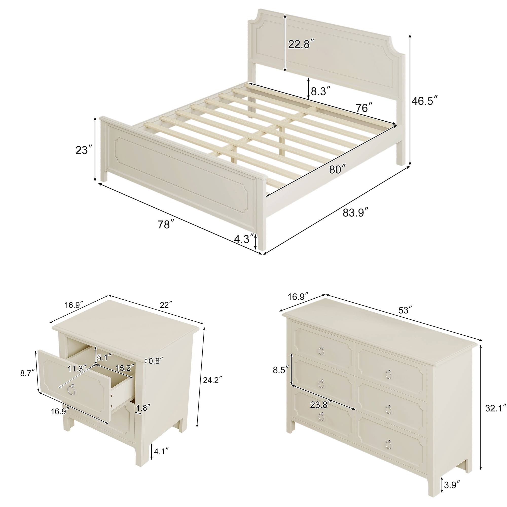 Resenkos 3 Pieces Solid Wood Bedroom Furniture Set King Size Platform Bed, Nightstand and Dresser Milky White