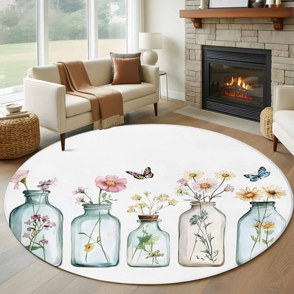 Round Rugs 5Ft, Pastoral Floral Round Area Rug Washable Indoor Throw Carpet, Colorful Flowers Butterflies Garden Soft Non Slip Circle Rug for Cabinet Bathroom Home Decor Aesthetic