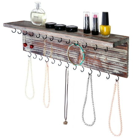 Rustic Jewelry Display Ideas 2-Tier Contemporary Rustic Torched Wood Wall Mounted Jewelry Necklace Display Rack w/ Storage Shelf ()