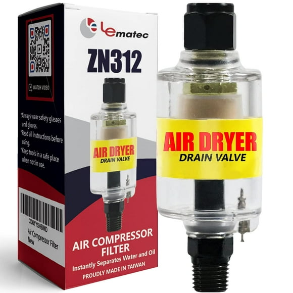 LE LEMATEC Air Compressor Water Separator, Produces Clean Dry Air, Air Compressor Filter and Air Dryer with Drain Valve