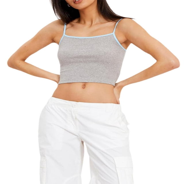 Débardeur Côtelé Sans Manches pour Femmes Patchwork Bretelles Spaghetti Crop Top Col Rond Uni Gris S