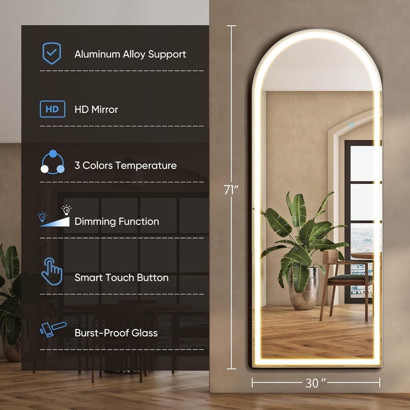 GRAHMCY 71"x 30" LED Arched Full Length Mirror Standing Floor Mirror,White