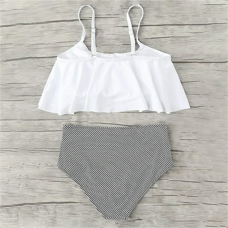 Gaecuw Two Piece Swimsuit for Women Tankini Set for Women Sleeveless Swimwear Top High Waisted Bikini Briefs Swim Bottom Slip On Closure Swimsuits Solid Bathing Suits Ruffle Peplum Resort Wear White S