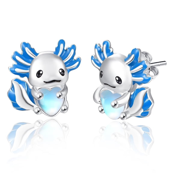 TANGPOET Blue Axolotl Stud Earrings for Women 925 Sterling Silver Moonstone Animal Jewelry Gifts