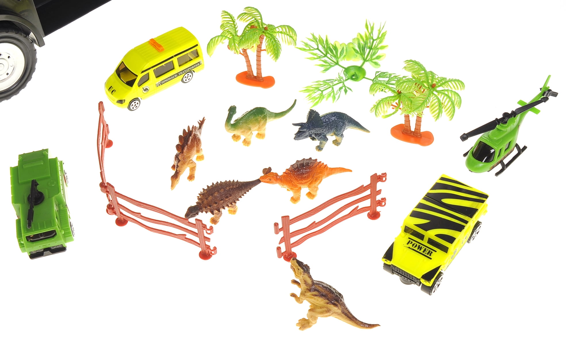 Prehistoric Past 22" Transport Dinosaurs Car Carrier Truck Toy Includes Dinosaur Toys, Cars and Helicopter - Black