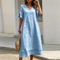 thumbnail image 6 of Vivianyo HD Women's V-Neck Fringe Trim Maxi Dress, Short Ruffle Fringe Sleeve Solid Linen Blend Loose Casual Summer Dresses for Women Vacation, Women's Light Blue, Sizes S-2XL, 6 of 7