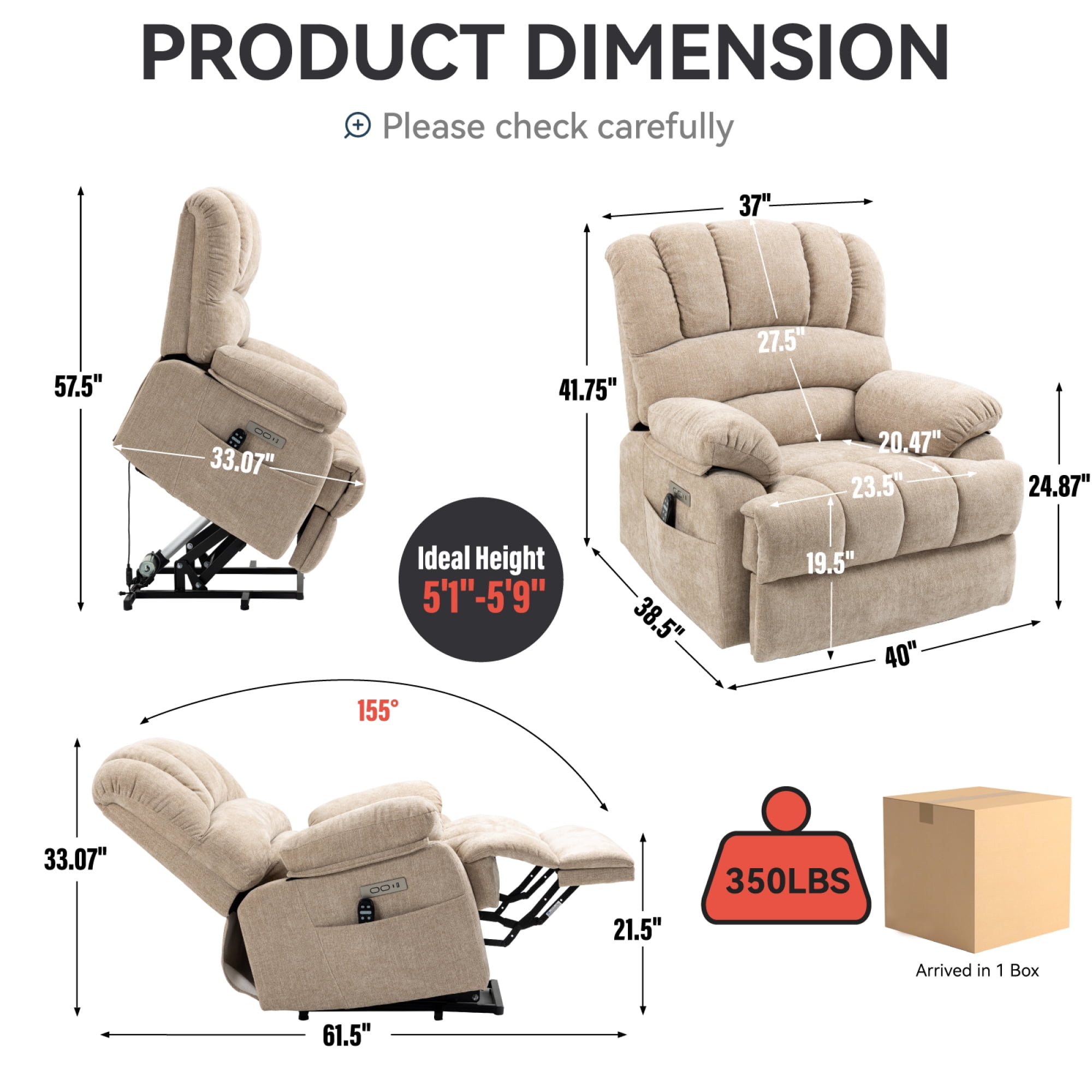 Leumius Power Lift Recliner Chair for Elderly with Vibration Massage and Lumbar Heating,23.5" Extra Wide Single Sofa with High Back,Side Pocket,USB Charge Port for Living Room,Beige