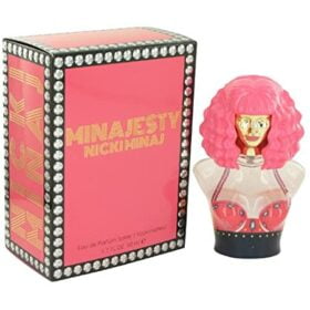 nicki minaj minajesty eau de parfum 100 ml. dama Multicolor front-facing view of perfume and box: glass bottle shaped like a female torso with pink wig-shaped cap and gold face mask, black-and-pink corset detail at base; pink rectangular box with gold 'MINAJESTY NICKI MINAJ' text and rhinestone-style border. Suitable as a decorative vanity accent.