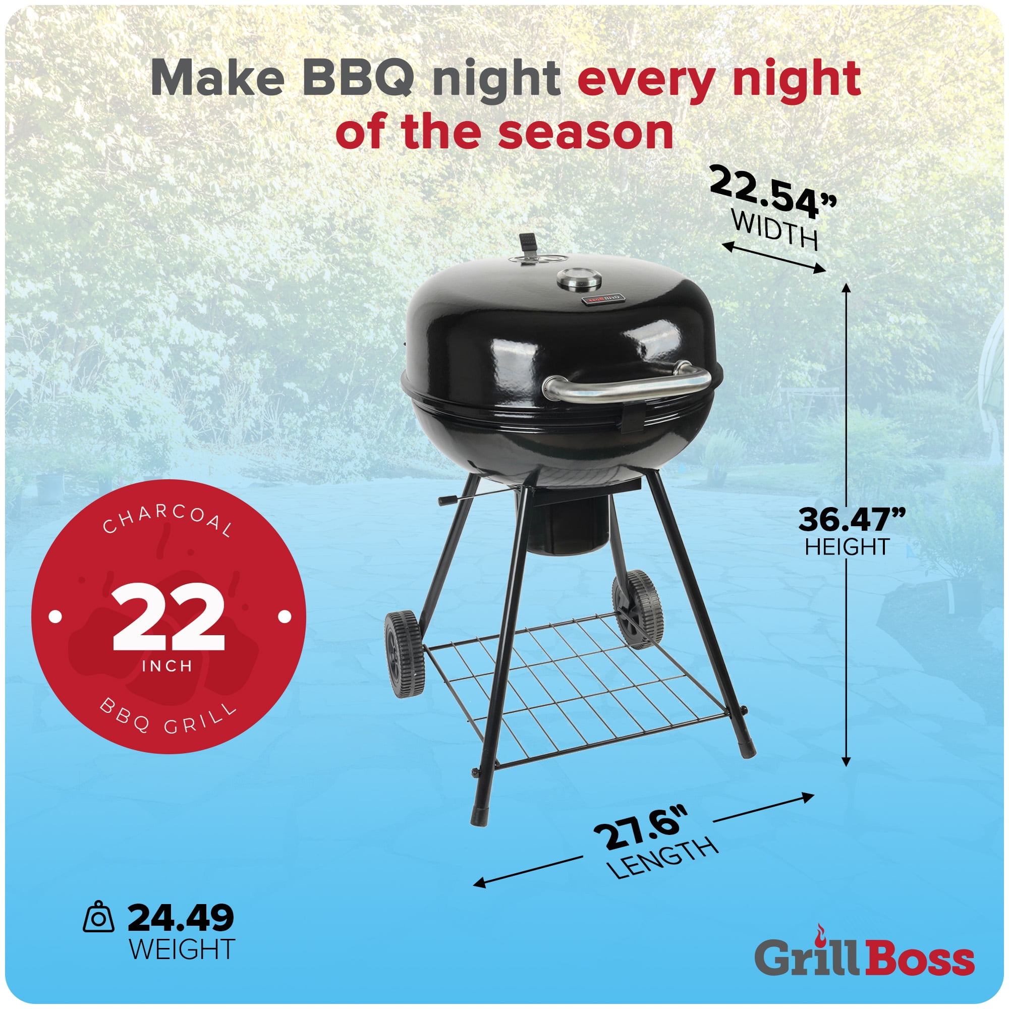 Grill Boss Charcoal Kettle Grill Outdoor BBQ with 22-Inch Grilling Space