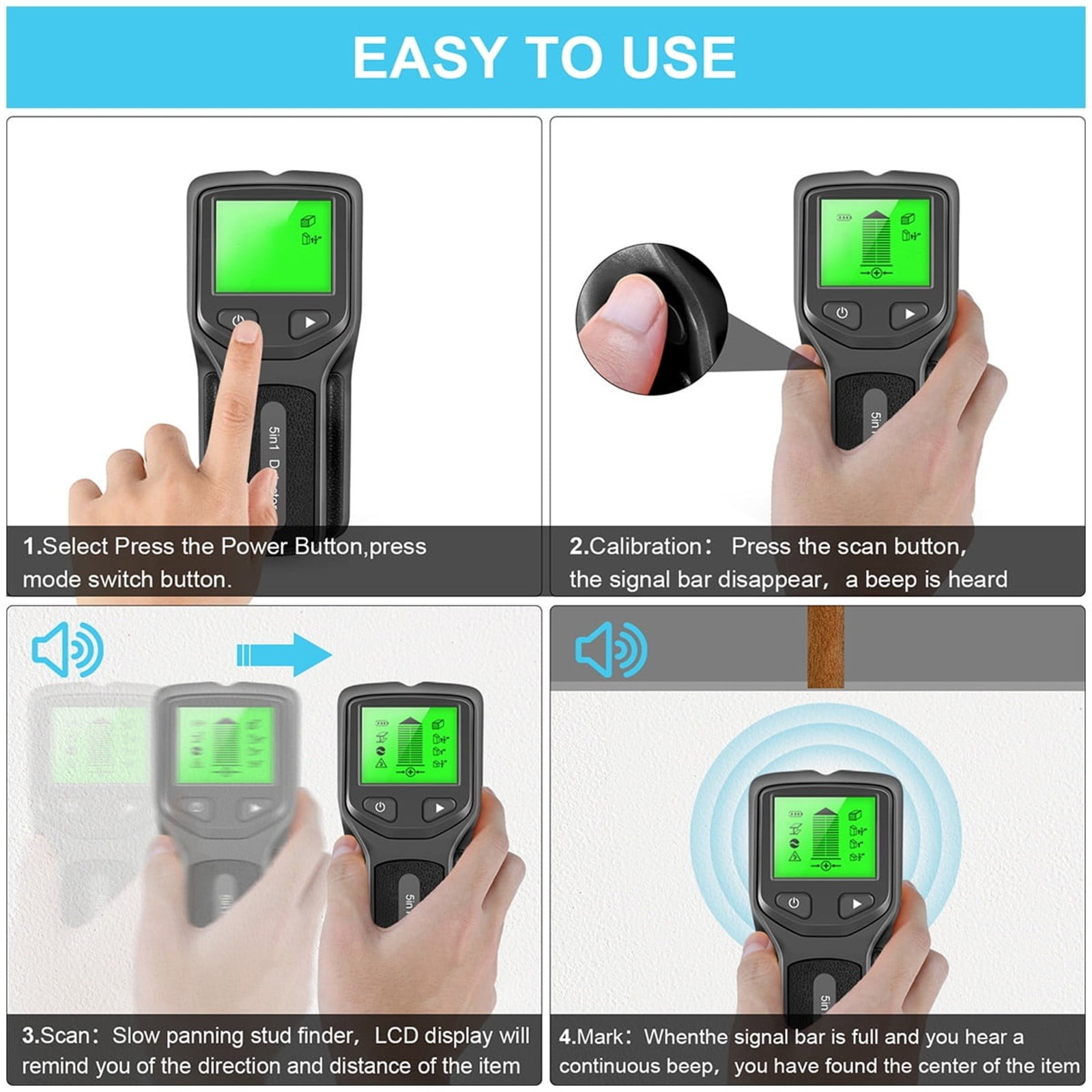 Stud Finder Wall Scanner, 5 in 1 Stud Finder Wall Scanner Detector Electronic Stud Locator Wood Beam Joist Finders Portable Wall Detector for AC Wire Metal Pipe Gifts for Men, Black