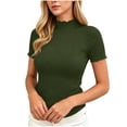 thumbnail image 5 of ClodeEU Women's Ribbed Knit Mock Neck T-Shirt, Short Sleeve Fitted Basic Top Army Green,Women's Plus L, 5 of 9