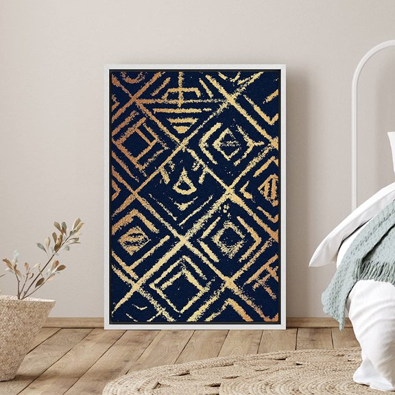 PixonSign Framed Canvas Print Wall Art Triangular Black and Gold Insignia Pattern Abstract Shapes Illustrations Minimalism Modern Closeup Dramatic for Living Room, Bedroom, Office - 16"x24" White