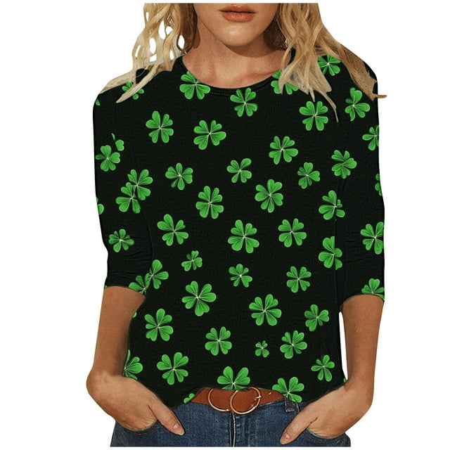 Besolor T-Shirts de la Saint-Patrick pour Femmes 2025 Graphique Trèfle Col Rond Manches 3/4 Hauts Décontractés Grande Taille T-Shirts d'Été
