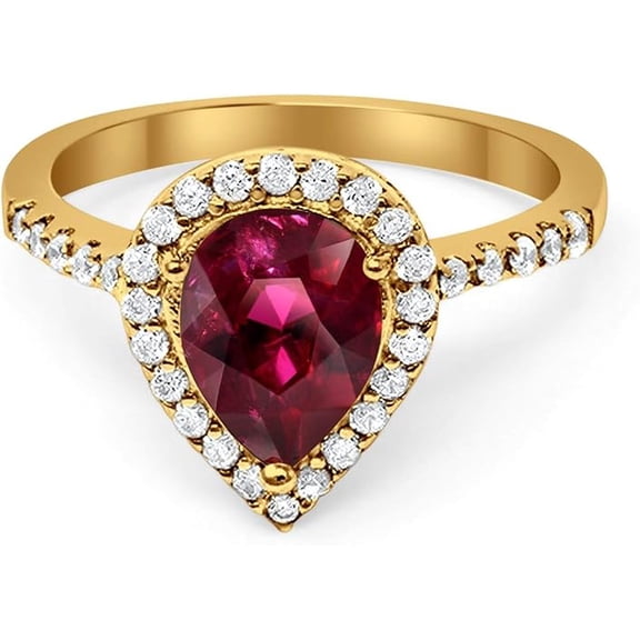 beryl_creation 2.00 Ct Pear Cut Red Ruby Wedding Engagement Halo Ring 925 Sterling Silver 14K Yellow Gold Plated For Women's -7