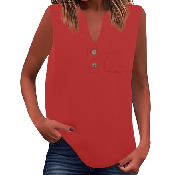 Camiseta sin mangas de verano para mujer, corte holgado, plisada, cuello en V, sin mangas, fluida, informal