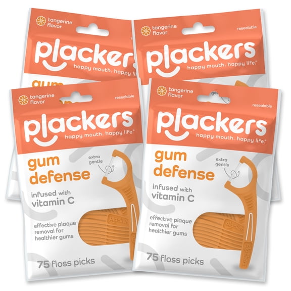 Plackers® Gum Defense Floss Picks with Vitamin C, Energizing Tangerine Flavor, GentleFloss, 4 Pack of 75