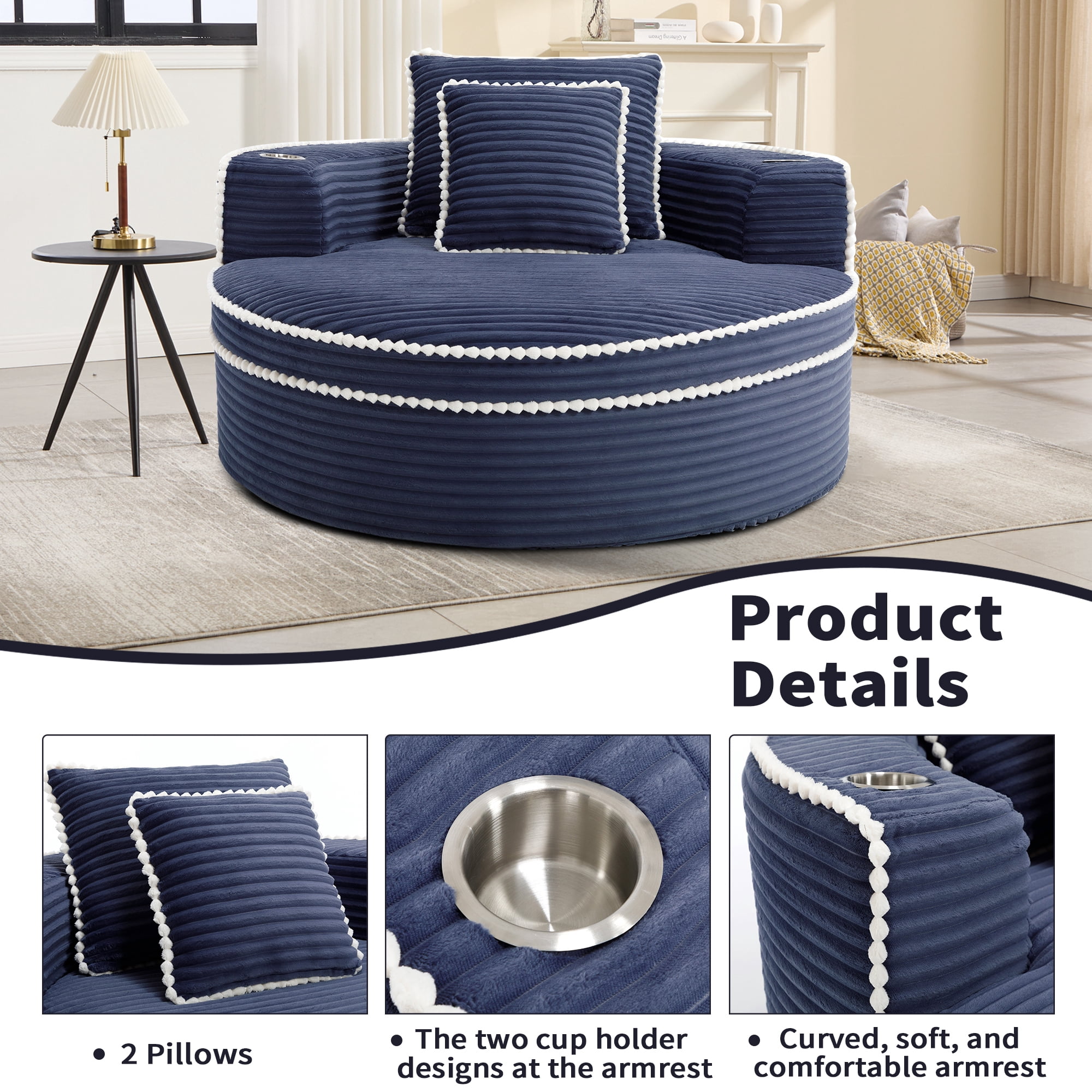 Leumius Oversized Round Chaise Lounge Chair Indoor, Upholstered Sofa Bed With Deep Seat and Cupholders,Cozy Boneless Chaise with High Density Memory Foam for Living Room,No Assembly,Blue