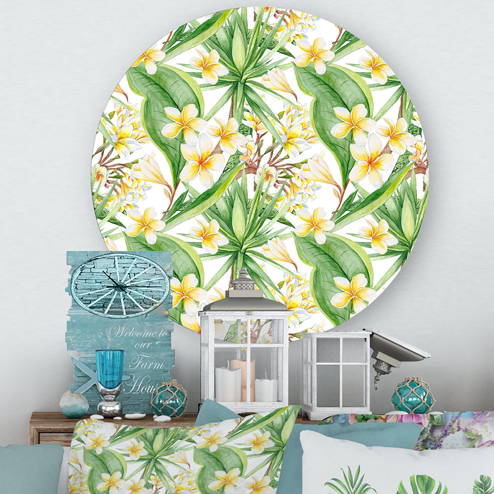 Designart 'Yellow Flowers and Tropical Foliage IX' Modern Circle Metal Wall Art 23x23 - Disc of 23