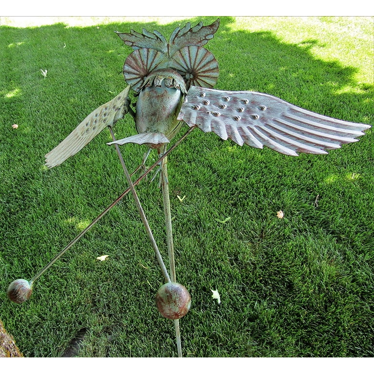 Whimsical Kinetic Metal Owl Yard Stake Wind Spinner Whirly-Gig