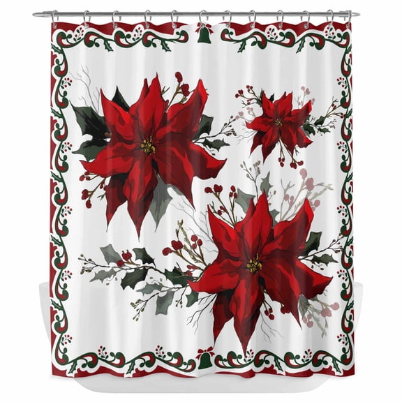 Xipuska Christmas Poinsettia Shower Curtain - Water Repellent Fabric Shower Curtains Washable, Winter Xmas Red Floral Botanical Holiday Decorative Cloth Bathroom Curtains Modern Bath Decor 72"x78"