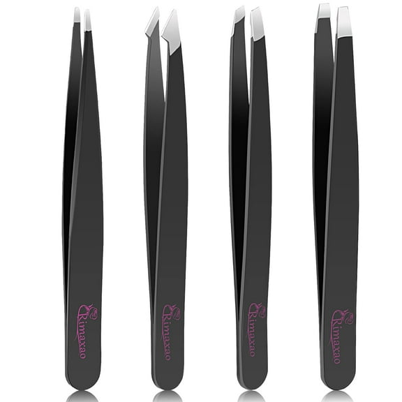 MUZPU 4 Pack Tweezers Set Professional, High Precision Stainless Steel Eyebrow Tweezers for Facial Hair, Inward Growing Hair and Splinter Remover Kit, Suitable for Women and Men (Black)