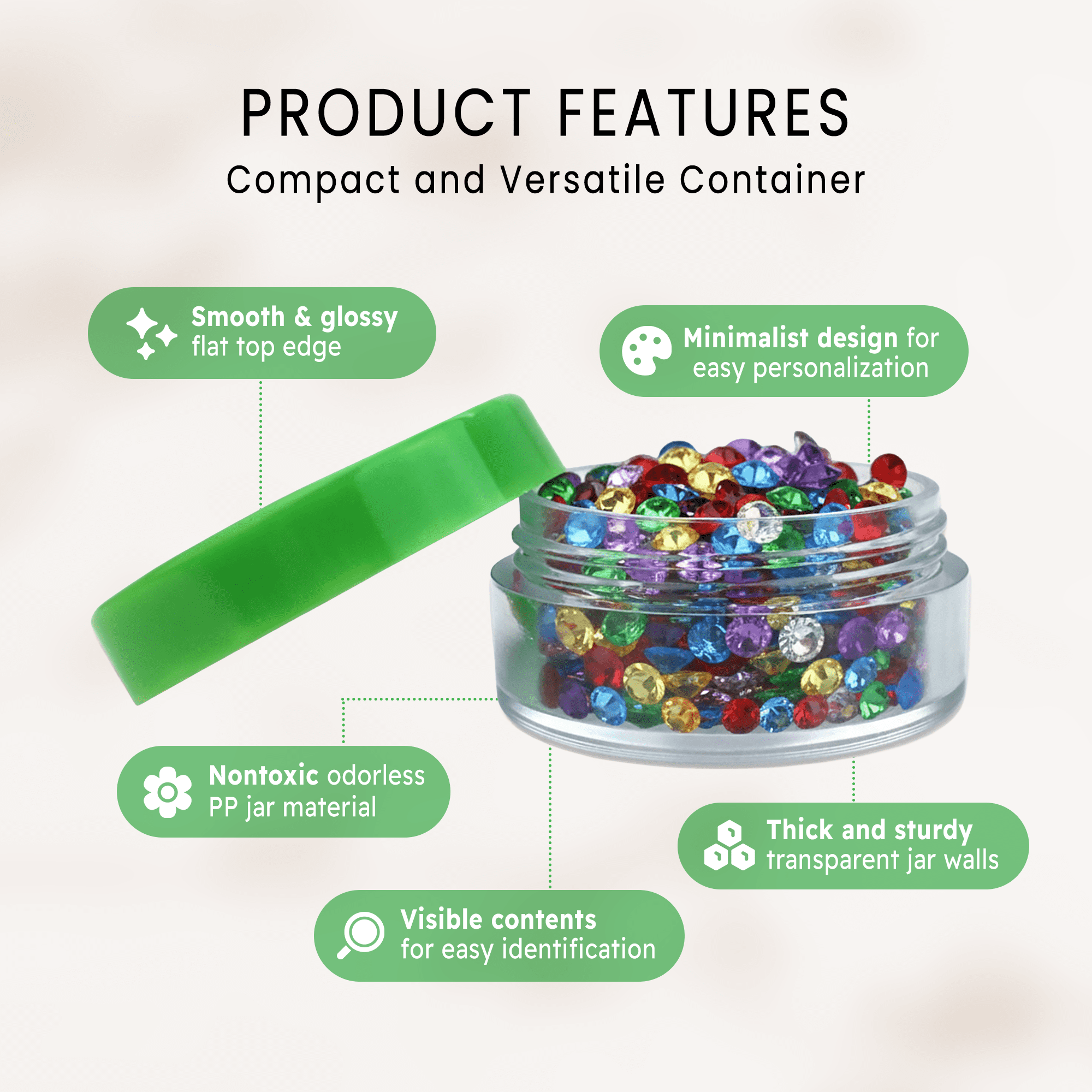 Beauticom 1000 Pieces High Quality 10 Gram 10 ml (0.3 oz) Plastic Clear Round Cream Lotion Beauty Sample Jars with Green Lids