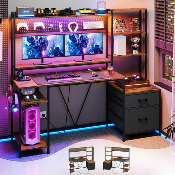 Reversible Computer Desk with Power Outlets LED Light, Home Office Desk with 2 Drawers, Black