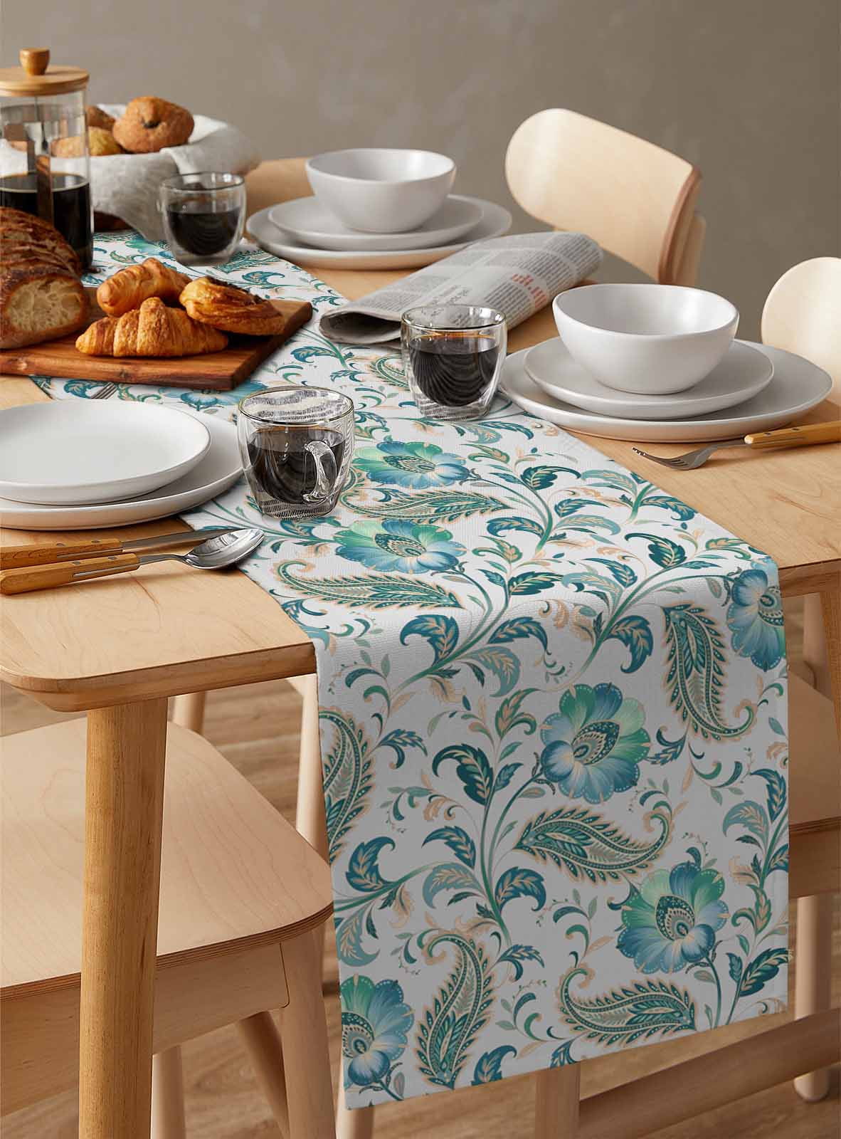 Teal Paisley Floral Table Runner 48 Inches, Boho Ethnic Tribe Traditional Bed Runner Dresser Scarves Tabletop for Indoor Outdoor Parties/Ceremony/Banquet, 13" x 48"