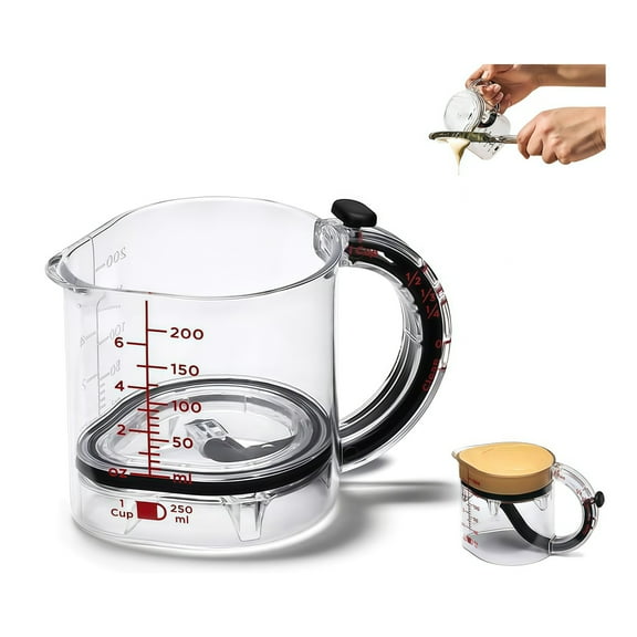 4-in-1 Adjustable Measuring Cup with Push-Up Scraper Base – No-Waste Kitchen Measuring Jug with Easy-Read Markings for Baking, Cooking & Sauces