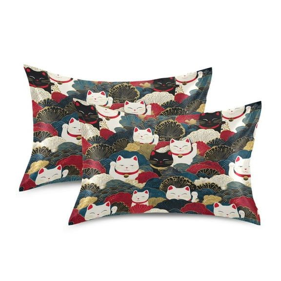 Yayeee Pillowcase Standard Size Set of 2 Satin Wrinkle Resistant Envelope Pillow Case, White Lucky Cat