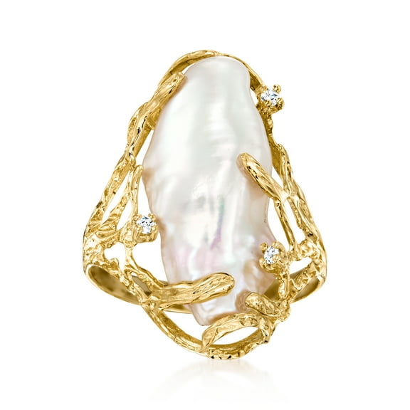 Ross-Simons 10x24mm Cultured Baroque Pearl Ring With Diamond Accents in 14kt Yellow Gold, Women's, Adult