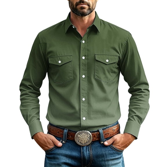 hoksml Men's Gradient Western Long Sleeve Shirt Point Collar Dual Pocket Stretch Casual Everyday Top