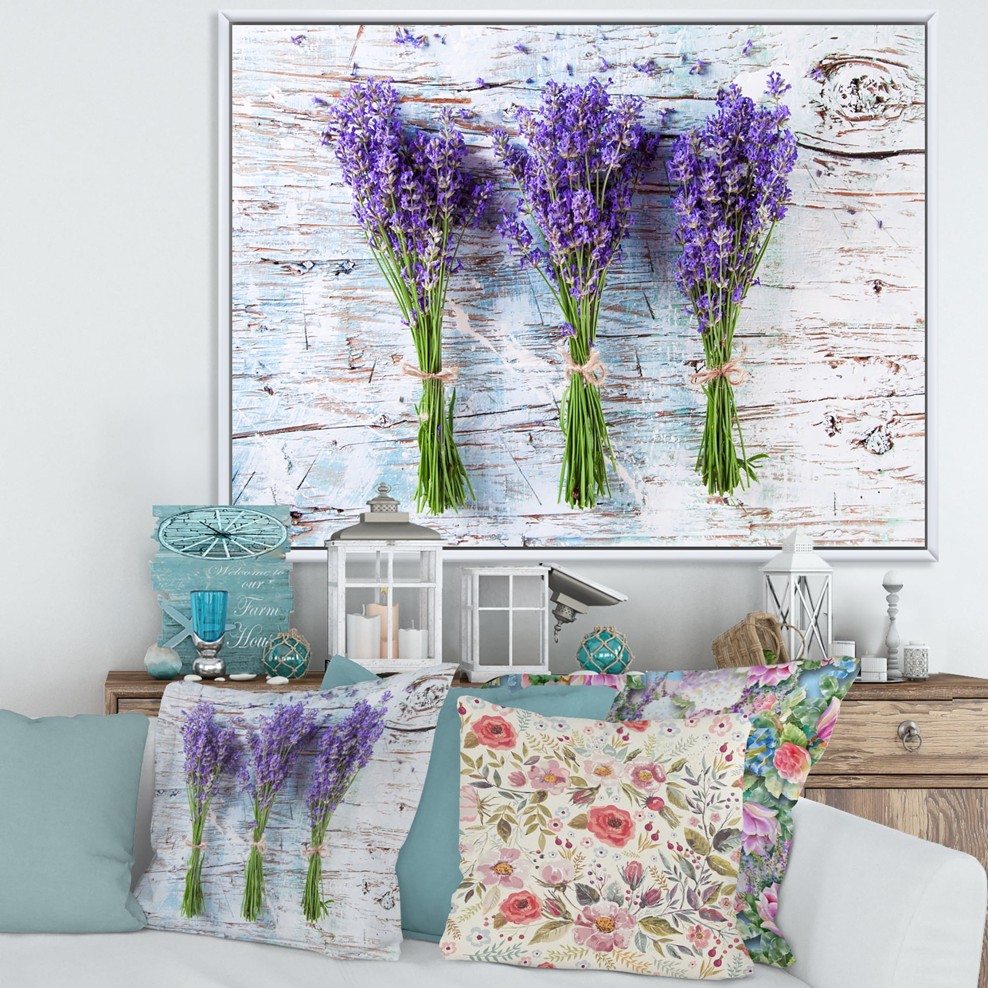 Designart 'Fresh Lavender Bouquets On Wood' Farmhouse Framed Canvas Wall Art Print