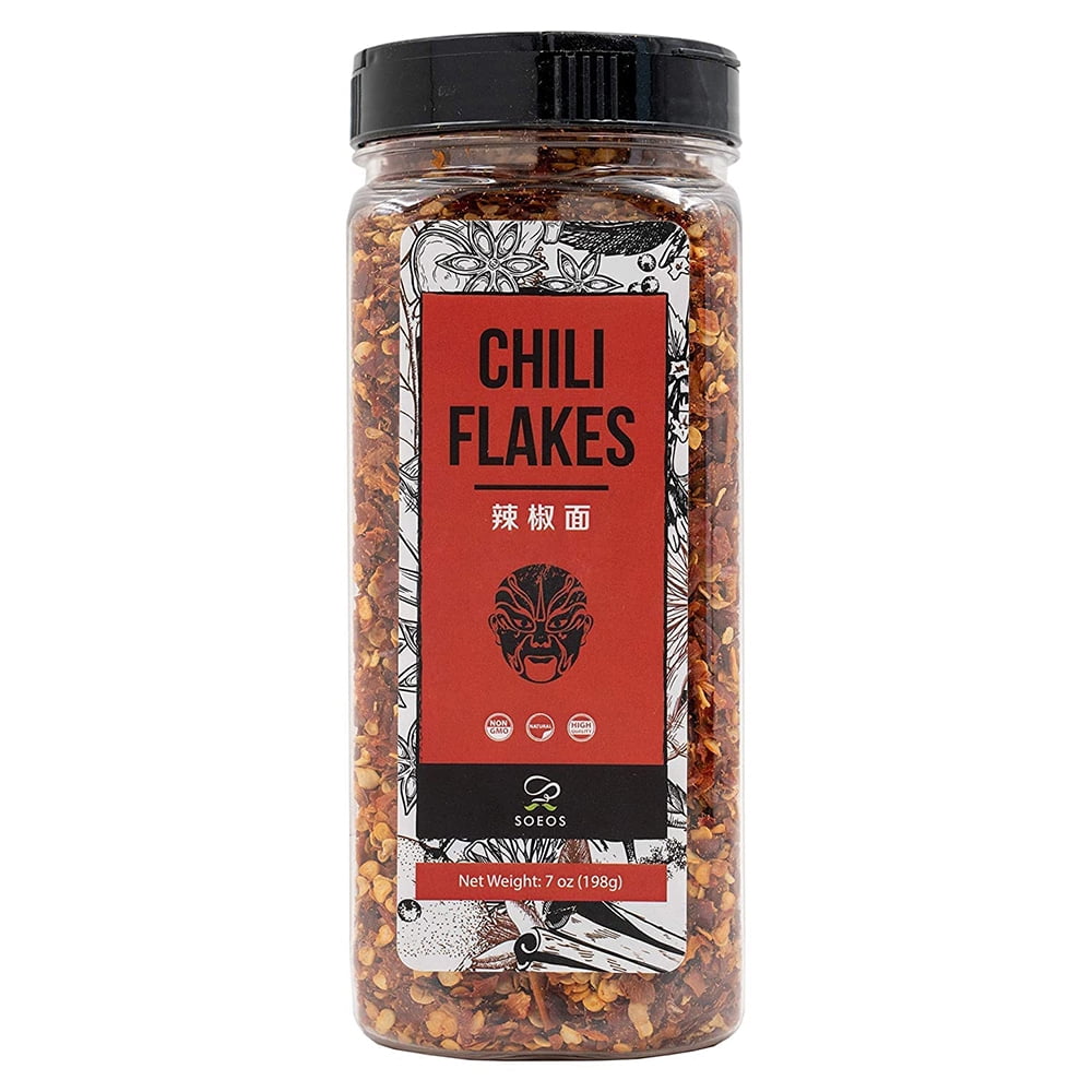 Soeos Ground Chili Flakes 7oz, Medium Hot, NonGMO, All Natural Red