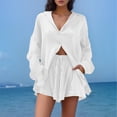 thumbnail image 3 of Conjunto de camisa de manga larga lisa y pantalones cortos para mujer: ropa informal de playa, cintura elástica, tallas S-XXL, contorno de pecho 130-146 cm, 3 of 5