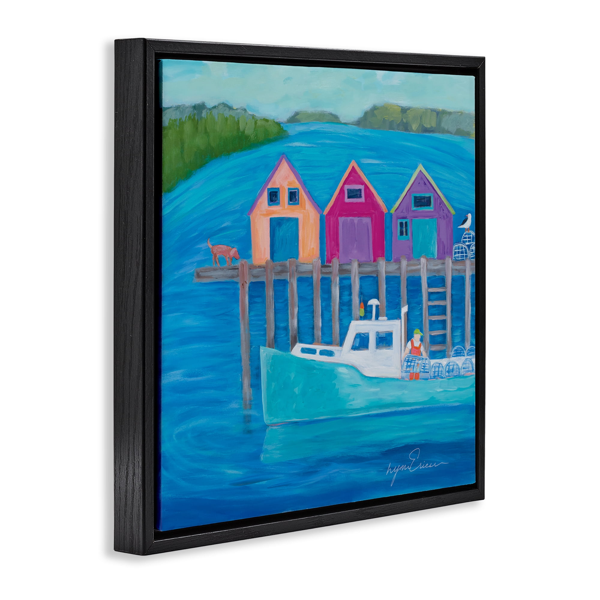 Stupell Industries Work Day at Seaside Village Black Framed Floater Canvas Wall Art, design by Lynn Ericson Fine Art