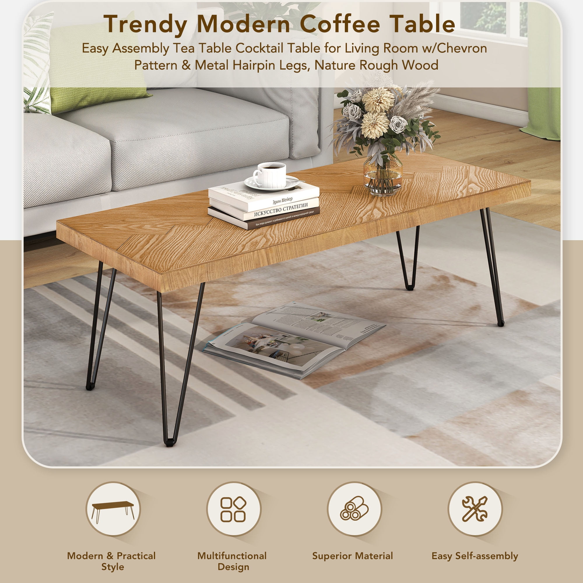 MAYEERTY Modern Coffee Table with Chevron Pattern & Metal Hairpin Legs, Easy Assembly Tea & Cocktail Table for Living Room, Ash Wood Finish