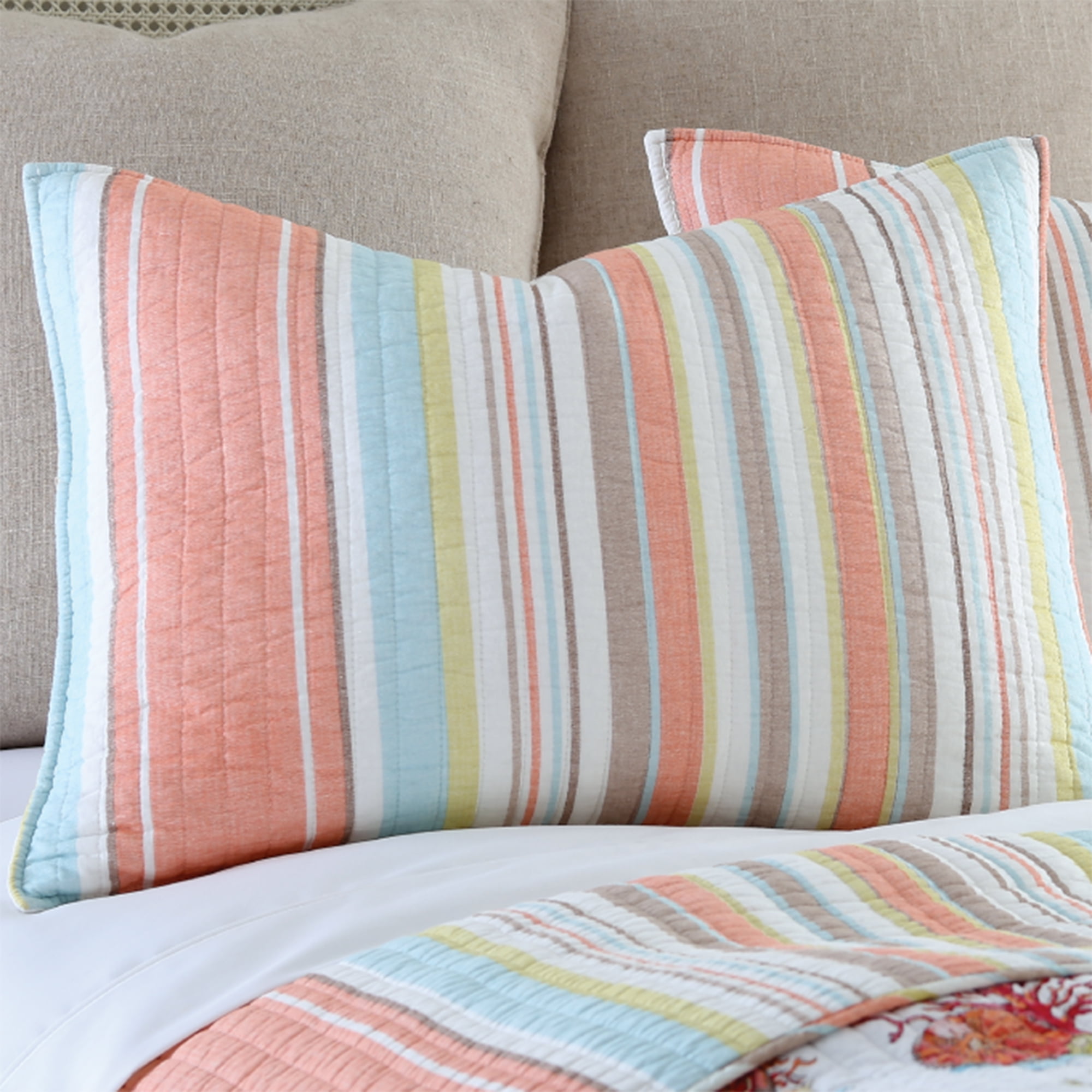 Levtex Home - Brighton Coral Quilt Set - Twin/Twin XL Quilt (68x86in.) + One Standard Pillow Sham (26x20in.) - Striped Coastal - Coral, Light Blue, Green, White, - Reversible - Cotton Fabric