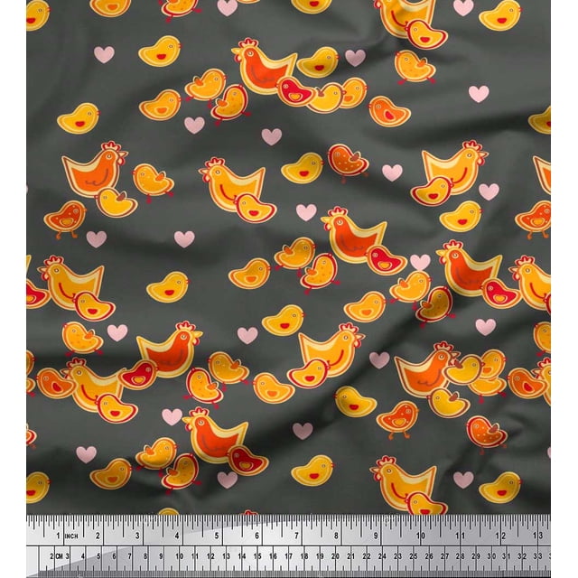 Soimoi Poly Georgette Fabric Heart,Hen & Chick Cartoon Print Sewing Fabric Yard 52 Inch Wide