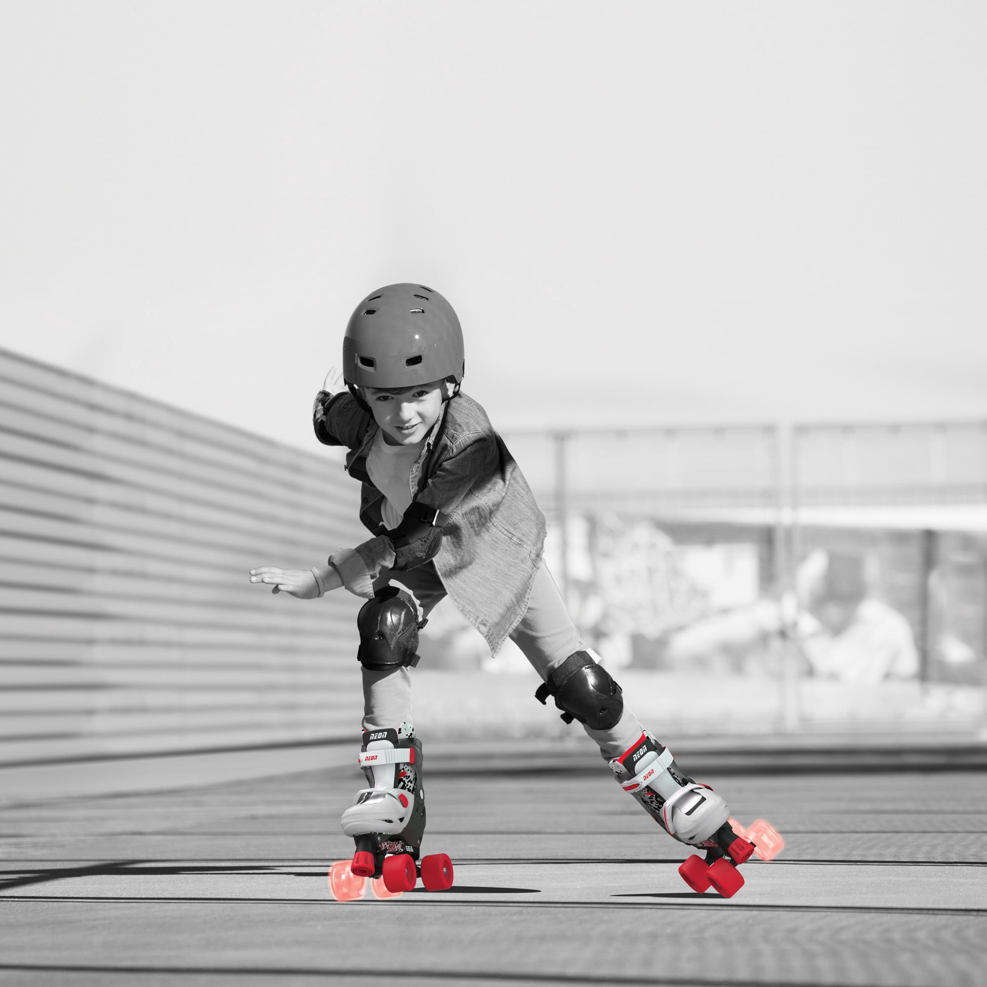 Yvolution Neon Roller Skates 2 in 1 Inline Skates and Quad - Girls and Boys Skate, Size 12-2 Adjustable, One Pair, Red
