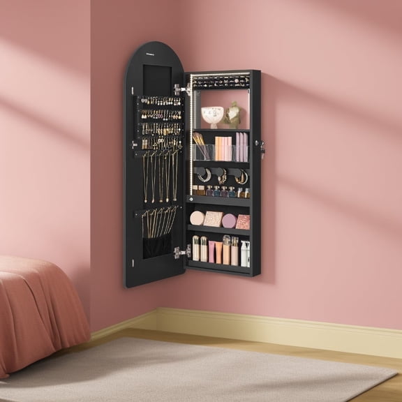 LEDREM Wide Arched Mirror Jewelry Cabinet, LED Wall/Door Mounted Organizer with Lockable Storage & Interior Mirror, Ink Black