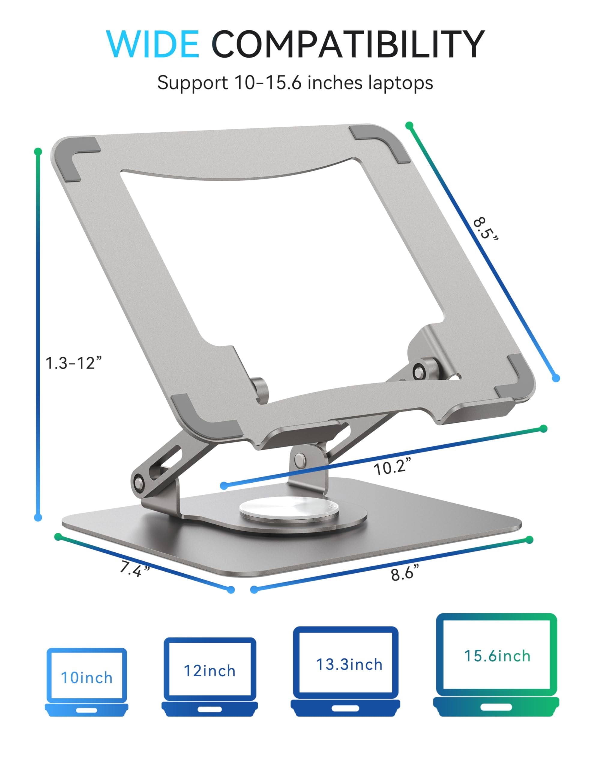 360 Rotating Laptop Stand  Computer Riser For Desk Adjustable Height Multi-angle Metal Holder Foldable Portable Notebook Elevating Base Office & Home Grey