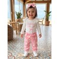 thumbnail image 4 of Infant Girls Fall Outfits Ruffle Long Sleeve Crew Neck Letters Bow Embroidery Romper Floral Print Pants and Headband Set, 4 of 8
