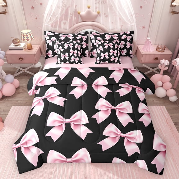 Feelyou Girl Fashion Bowknot Twin Bedding Sets 7pcs, Black Pink Princess Comforter Set